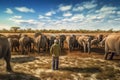 A man standing in savannah and looking at group of elephants generative AI