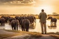 A man standing in savannah and looking at group of elephants generative AI