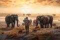 A man standing in savannah and looking at group of elephants generative AI