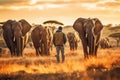 A man standing in savannah and looking at group of elephants generative AI