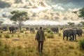 A man standing in savannah and looking at group of elephants generative AI