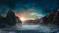 Man standing in sci-fi magical landscape with rock valey, star and sun. Digital painting illustration. Element furnished by NASA.