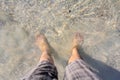 Man standing on the seashore with bare feet