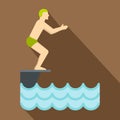 Man standing on springboard preparing to dive icon