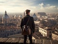 Traveler man standing on a staircase top and looking down over an European city Royalty Free Stock Photo