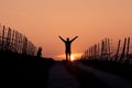 Man standing in sunset with arms in air