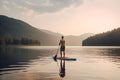 Man standing on a SUP, lake, sunset. Generative AI content.