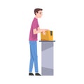 Man Standing at Table Checking Cardboard Box Preparing Goods For Dispatch, Guy Working with Parcels in Warehouse Cartoon