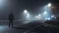 A man standing to his back to the camera, wearing a winter coat. Looking down an empty road on a moody, atmospheric, spooky night