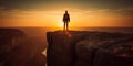 A man standing on top of a cliff at sunset. AI generative image Royalty Free Stock Photo