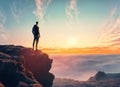 Man standing on top of cliff at sunset. Nature view. Generated AI Royalty Free Stock Photo