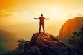 Man standing on top of large rock with his arms wide open. Generative AI