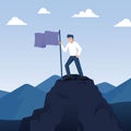 Man standing on top of mountain with flag, sucess leadership, vector illustration Royalty Free Stock Photo