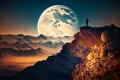 Man standing on top of mountain with full moon in the sky behind him. Generative AI Royalty Free Stock Photo