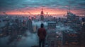 Man standing on top of a mountain looking at the city skyline at sunset Royalty Free Stock Photo