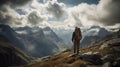 Man is standing on top of a mountain looking at clouds