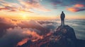 A man standing on top of a mountain looking out over the clouds, AI Royalty Free Stock Photo