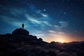 Man standing on top of a mountain and looking at the starry sky, Silhouette of a person on rocks looking at the night sky with the Royalty Free Stock Photo