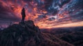 Man standing on the top of a mountain looking at the sunset Royalty Free Stock Photo
