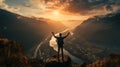 Man standing on top of the mountain, Man raising arms victoriously after climbing the mountain, Winner and Success concept Royalty Free Stock Photo