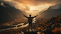 Man standing on top of the mountain, Man raising arms victoriously after climbing the mountain, Winner and Success concept Royalty Free Stock Photo