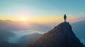 A man standing on top of a mountain with the sun setting in front, AI Royalty Free Stock Photo