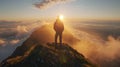 A man standing on top of a mountain with the sun shining down, AI Royalty Free Stock Photo