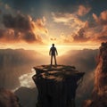 A man standing on top of a mountain at sunset. The concept of goals and achievements. Conceptual vision, traveler