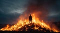 A man standing on top of a pile of fire, AI