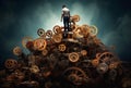 Man standing on top of a pile of gears