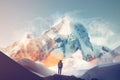 a man standing on top of a snow covered mountain next to a giant snow covered mountain with a sky in the backgrouund