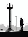 Man is standing on top of tall building or structure. He appears to be looking down at something in front of him Royalty Free Stock Photo