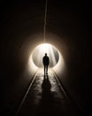 Man standing in tunnel looking at the light in the end. Generative AI Royalty Free Stock Photo