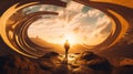 A man standing in a tunnel with a sunset in the background. AI generative image. Royalty Free Stock Photo