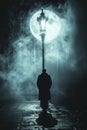 A man standing under a street light in the fog, AI Royalty Free Stock Photo