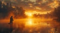 Man Standing in Water Holding Fishing Pole Royalty Free Stock Photo