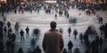 Man stands alone in the middle of rush hour of hurry people. Long exposure. Fast living concept