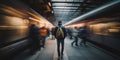 Man stands alone in the middle of rush hour of hurry people. Long exposure. Fast living concept