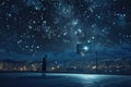 A man stands atop a basketball court, gazing up at a sky abundant with shining stars, A lone basketball player practicing shots on Royalty Free Stock Photo