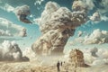 A man stands atop a dirt field next to a building, Create a surreal interpretation of inflation using digital techniques