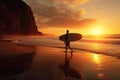 A man stands on a beach holding a surfboard, Surf Sunset, AI Generated