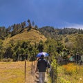 A man stands beneath a vibrant umbrella on a sunny day, surrounded by the breathtaking beauty of rolling hills.