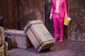 Man stands with big bucket of popcorn Royalty Free Stock Photo