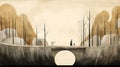 Surreal Cartoon Illustration Of A Bridge And Tree In Midwater