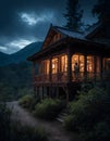 A man stands on a cabin porch in a dark woods landscape with cloudcovered sky Royalty Free Stock Photo