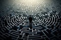 A man stands in the center of a maze, determined to find his way out of the complex puzzle, Man silhouette in a maze or labyrinth