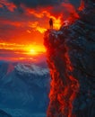 Man stands on cliff and admires the sunset over the mountains. Royalty Free Stock Photo