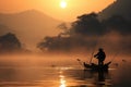 A man stands confidently on a boat in the serene center of a crystal-clear lake, fisher fishing on foggy sunrise, AI Generated