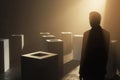 Man Standing in Front of Group of vote boxes. Generative AI Royalty Free Stock Photo