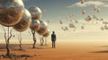 A man stands in the desert with many silver balloons, AI Royalty Free Stock Photo